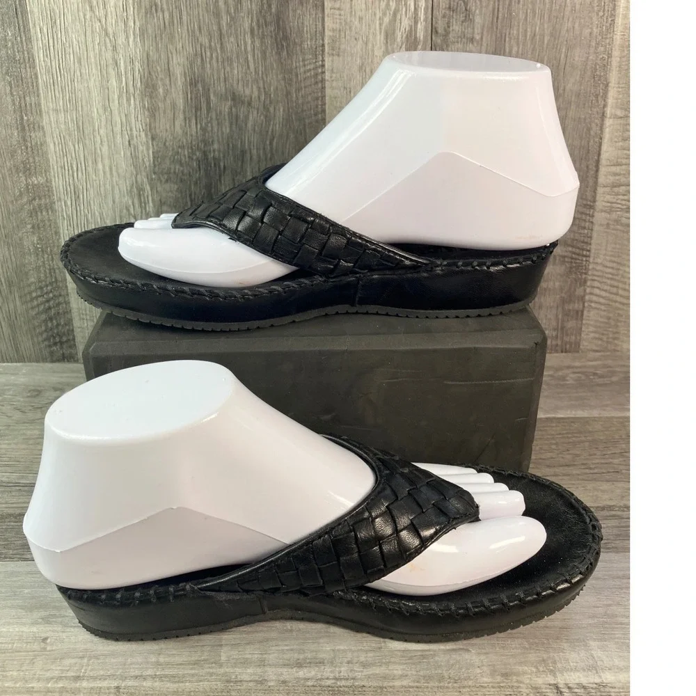 Robert Zur Black Woven Leather Thong Wedge Sandals Womens 6 M 2315